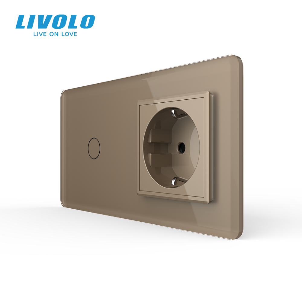 Сенсорний вимикач 1 сенсор 1 розетка LIVOLO золотий 2.5D скло