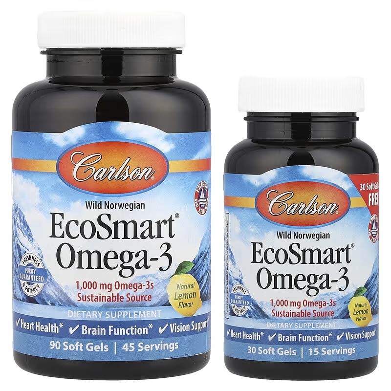 Омега-3, Смак Лимону, EcoSmart Omega-3, Carlson, 90+30 желатинових капсул