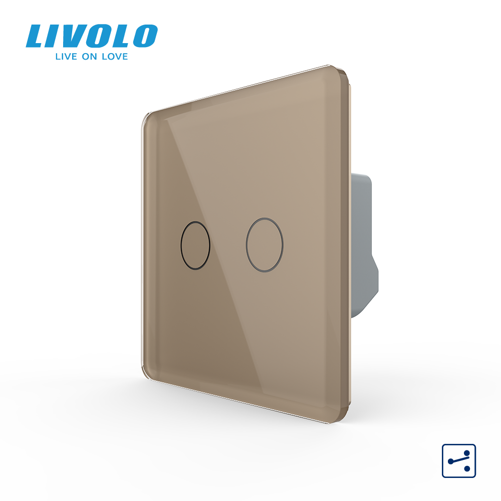 Сенсорний прохідний / перехресний вимикач LIVOLO, 2-сенсорний, золотий 2.5D скло, 5А 230В, без нейтралі