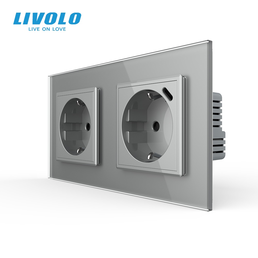 Подвійна розетка LIVOLO з USB Type-C 18Вт, із заземленням, шторки, сіра, скляна рамка, 250В, 16А