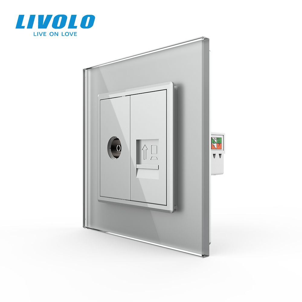 Розетка комп'ютерна RJ-45 і ТБ розетка LIVOLO сіра 2.5D скло