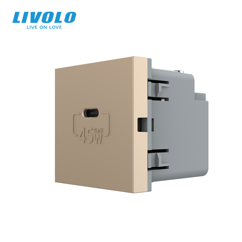 USB Type-C розетка LIVOLO, PD 45W, Power Delivery, швидка зарядка, золота, модуль (VL-FCUC-2AP)