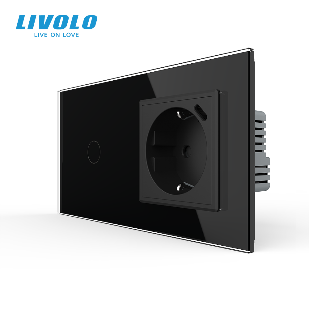Розумний сенсорний вимикач LIVOLO з розеткою та USB Type-C 18Вт, чорний, скло, дотиковий, із заземленням,