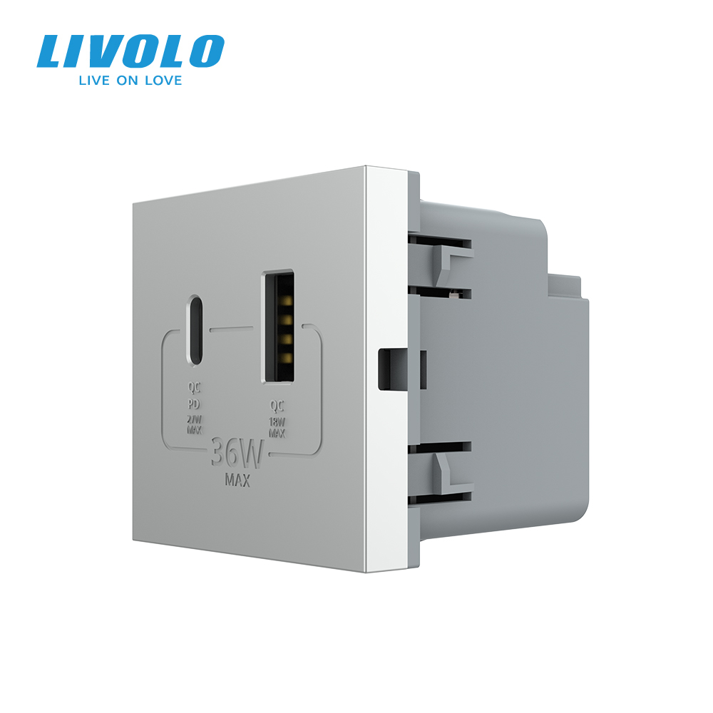 Розетка LIVOLO USB-A + USB-C PD 36Вт, сіра, швидке заряджання, Power Delivery QC 3.0, модуль (VL-FCUA18W.UC18W-2IP)