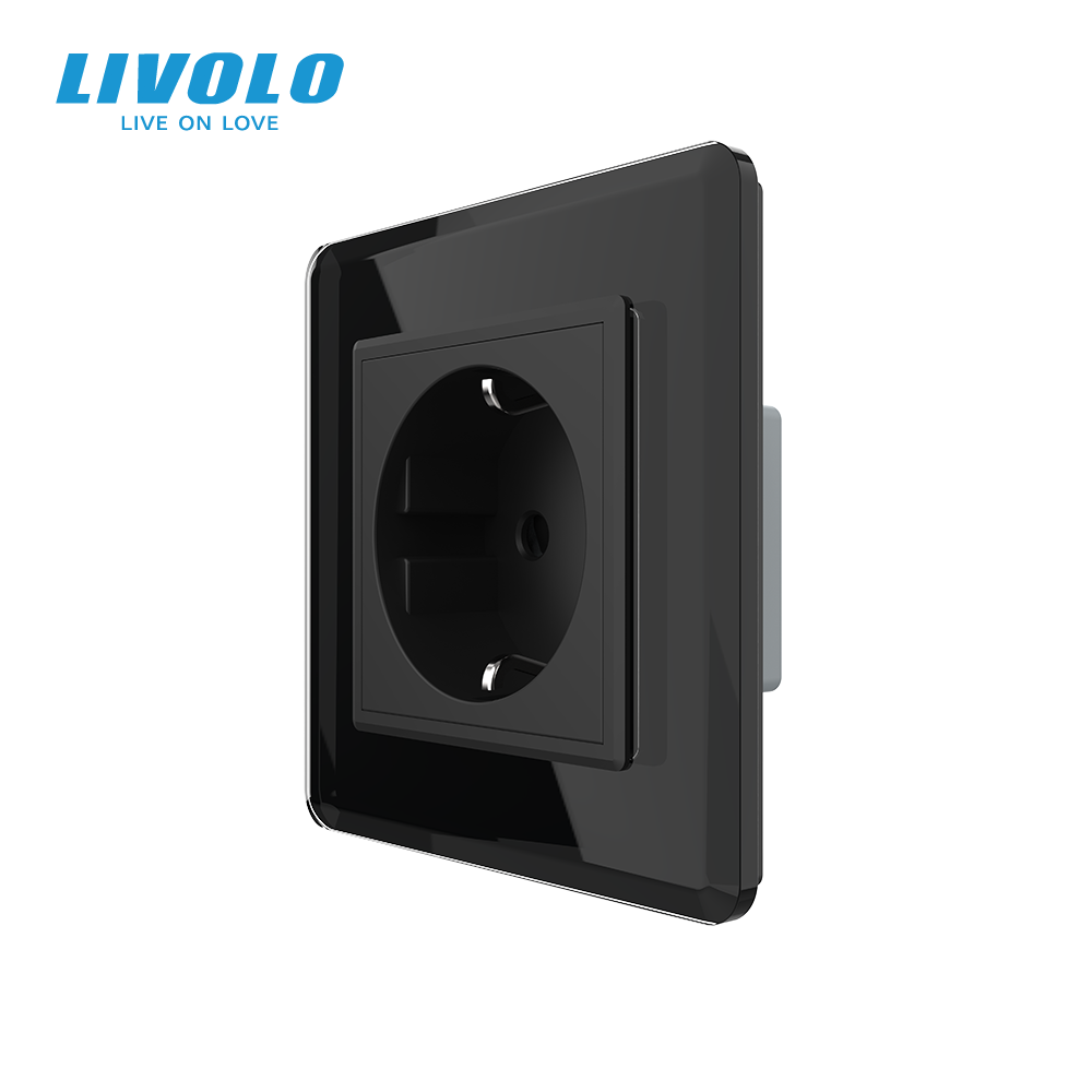 Електрична розетка з заземленням LIVOLO, чорна, скляна 2.5D рамка, шторки, 250В 16А