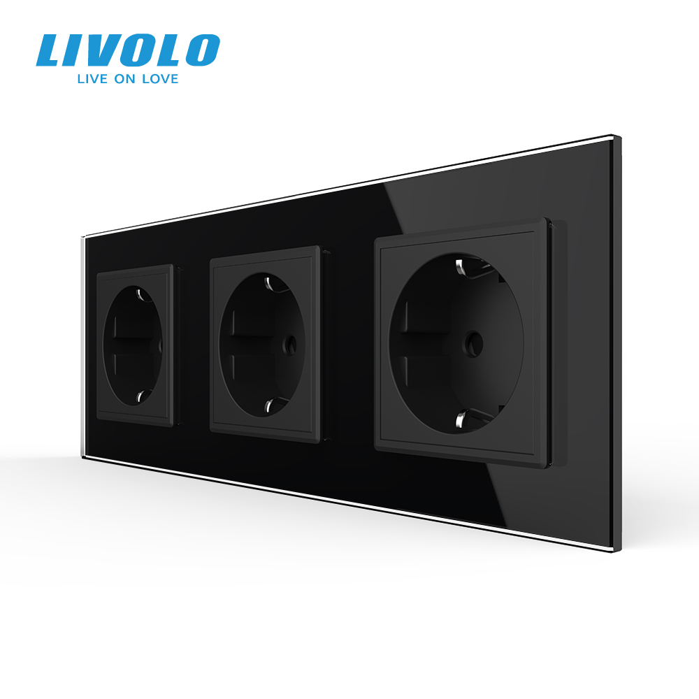 Потрійна електрична розетка з заземленням LIVOLO, чорна, скляна рамка, шторки, 250В 16А (VL-C7C3EU-12)