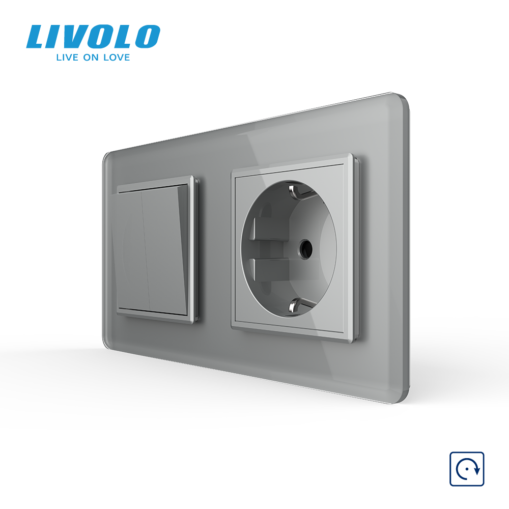 Вимикач без фіксації подвійний з розеткою LIVOLO сірий 2.5D скло, 16А 230В, із заземленням, захисні шторки