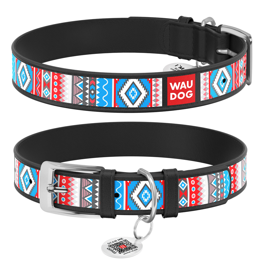 Нашийник для собак шкіряний WAUDOG Design з QR паспортом, малюнок "Етно", XL, Ш 35 мм, Дов 46-59 см, чорний
