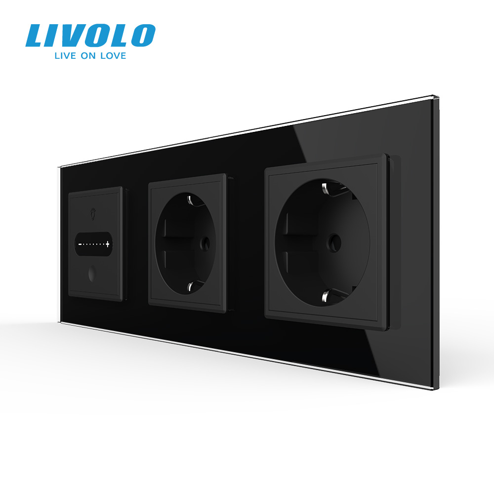Розумний сенсорний прохідний димер LIVOLO з 2 розетками, чорний 2.5D, скло, 2A 230V
