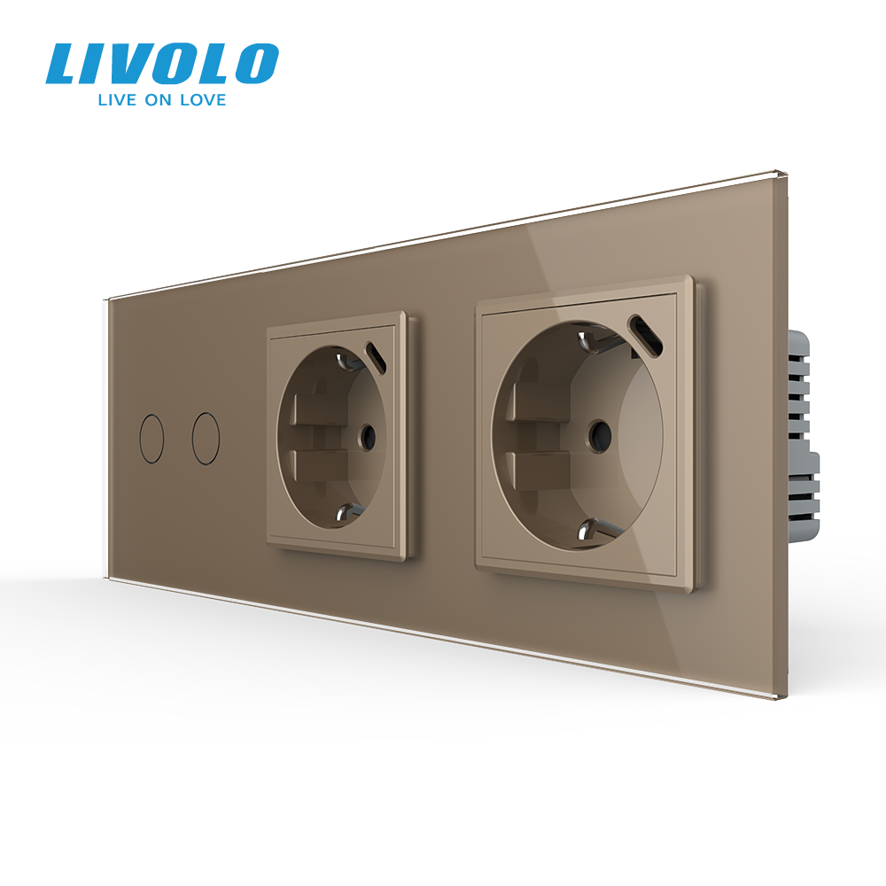 Подвійний сенсорний димер LIVOLO з двома розетками з USB Type-C 18Вт, заземлення, золотий 2.5D, скло, 16A 230V