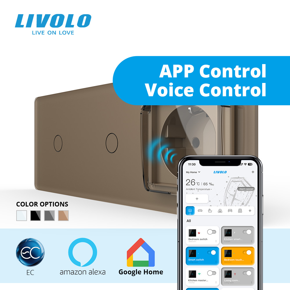Розумний сенсорний вимикач 2 сенсори (1-1) з розеткою з кришкою IP44, заземлення, шторки, LIVOLO золотий 2.5D скло