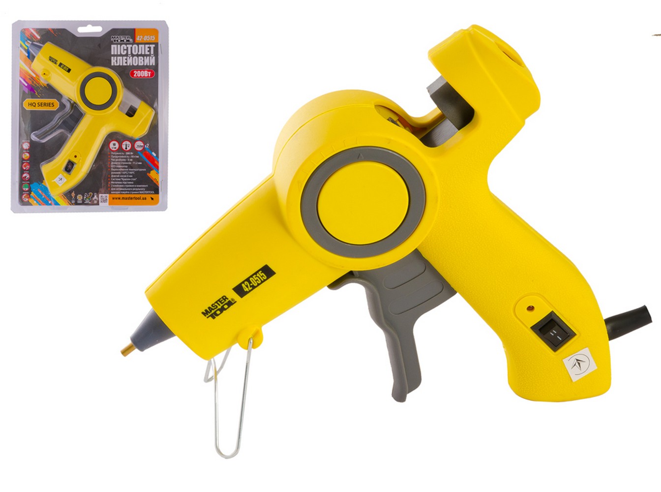 Пістолет клейовий MASTERTOOL Ø 11.2 мм 200 Вт/220 В/50 Гц 10 г/хв "Крапля-Стоп" 2 t-режими LED-індикатор 42-0515