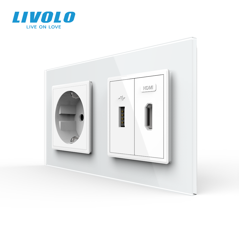 Розетка LIVOLO з USB 10Вт, інтернет портом RJ-45 і HDMI, біла, настінна дизайнерська, скляна рамка