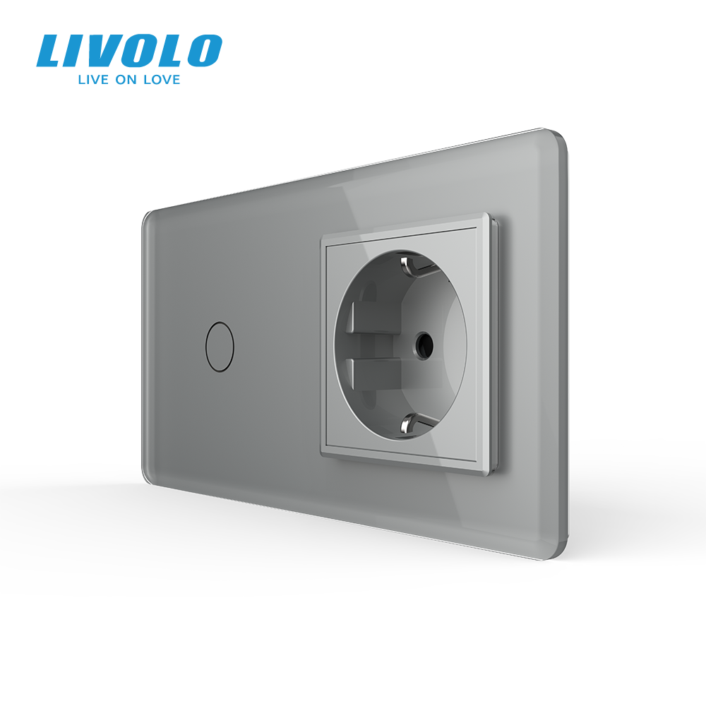 Сенсорний вимикач 1 сенсор 1 розетка LIVOLO сірий 2.5D скло