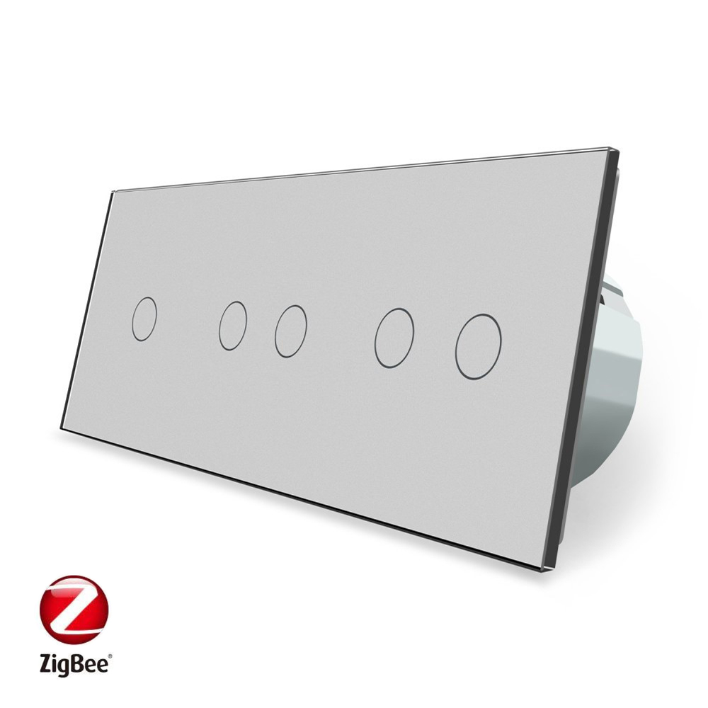 Розумний сенсорний ZigBee вимикач 5 сенсорів (1-2-2) Livolo сірий скло (VL-C701Z/C702Z/C702Z-15)