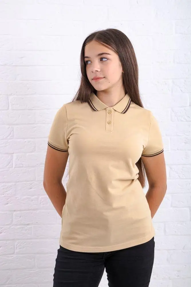 Бежева з коричневою смужкою футболка поло жіноча CLASSIC
