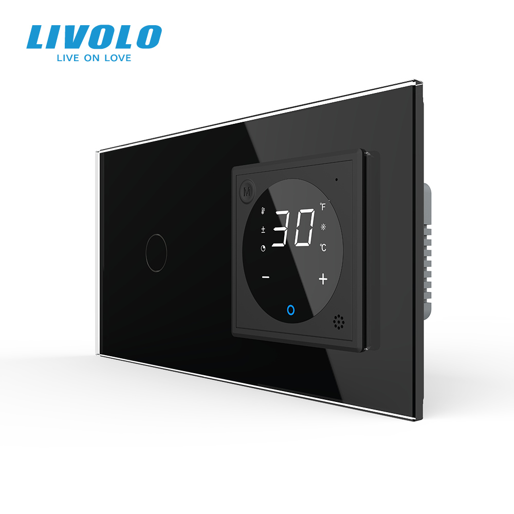 Розумний терморегулятор LIVOLO з керуваннямз телефона, прохідний вимикач, чорний, скляна рамка