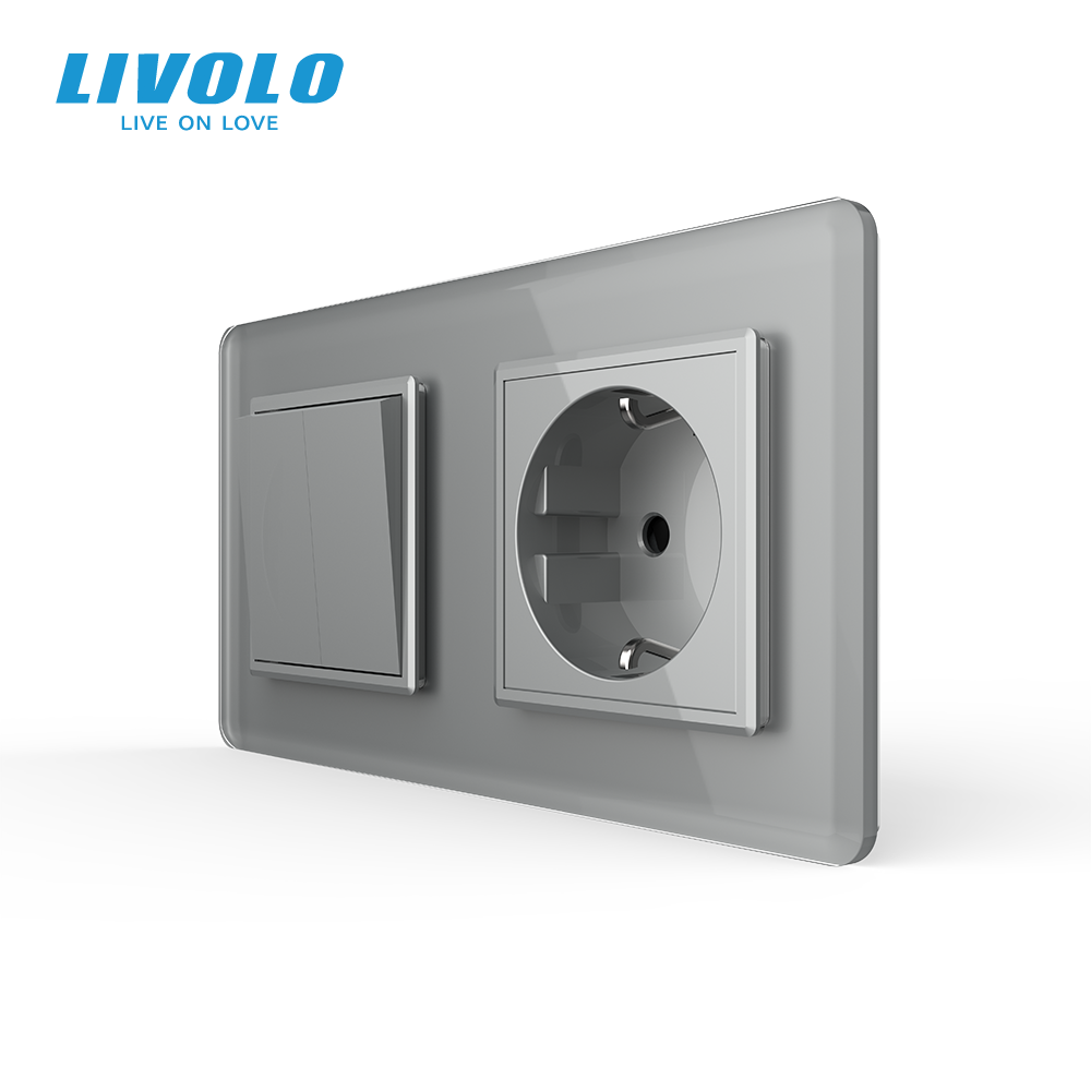 Двоклавішний вимикач з розеткою LIVOLO сірий 2.5D скло