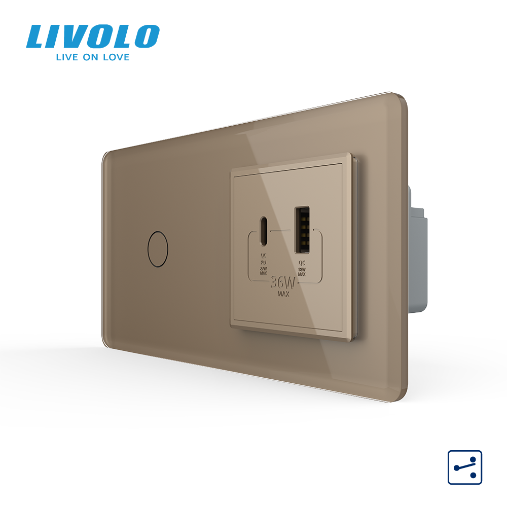 Сенсорний (дотиковий) прохідний вимикач LIVOLO з розеткою USB-A + USB-C 36Вт золотий 2.5D скляна рамка