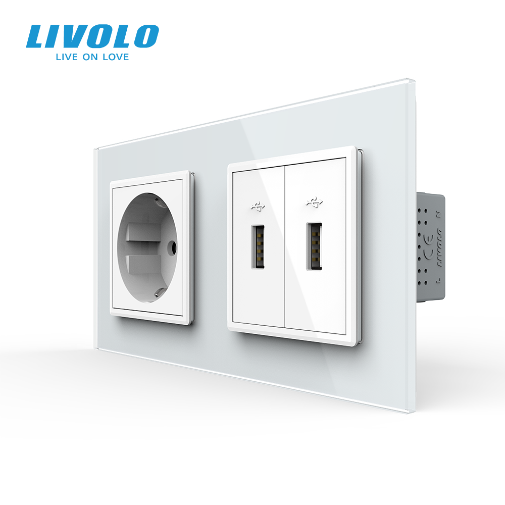 Розетка LIVOLO з заземленням і двома USB розетками, біла, настінна дизайнерська, скляна рамка