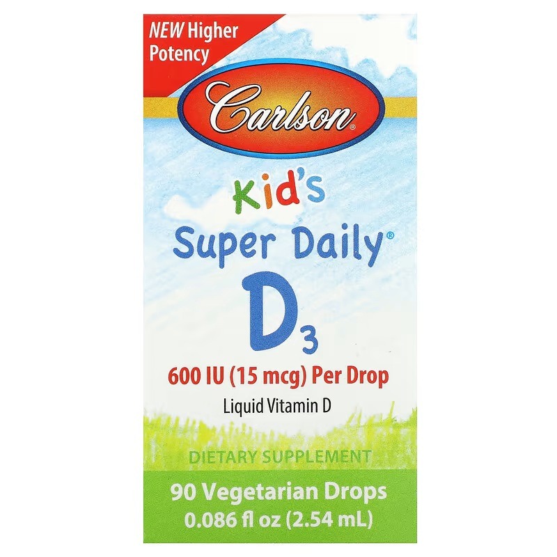 Вітамін D3 для Дітей у Краплях, 600 МО, Kid's Super Daily D3, Carlson, 2.54 мл