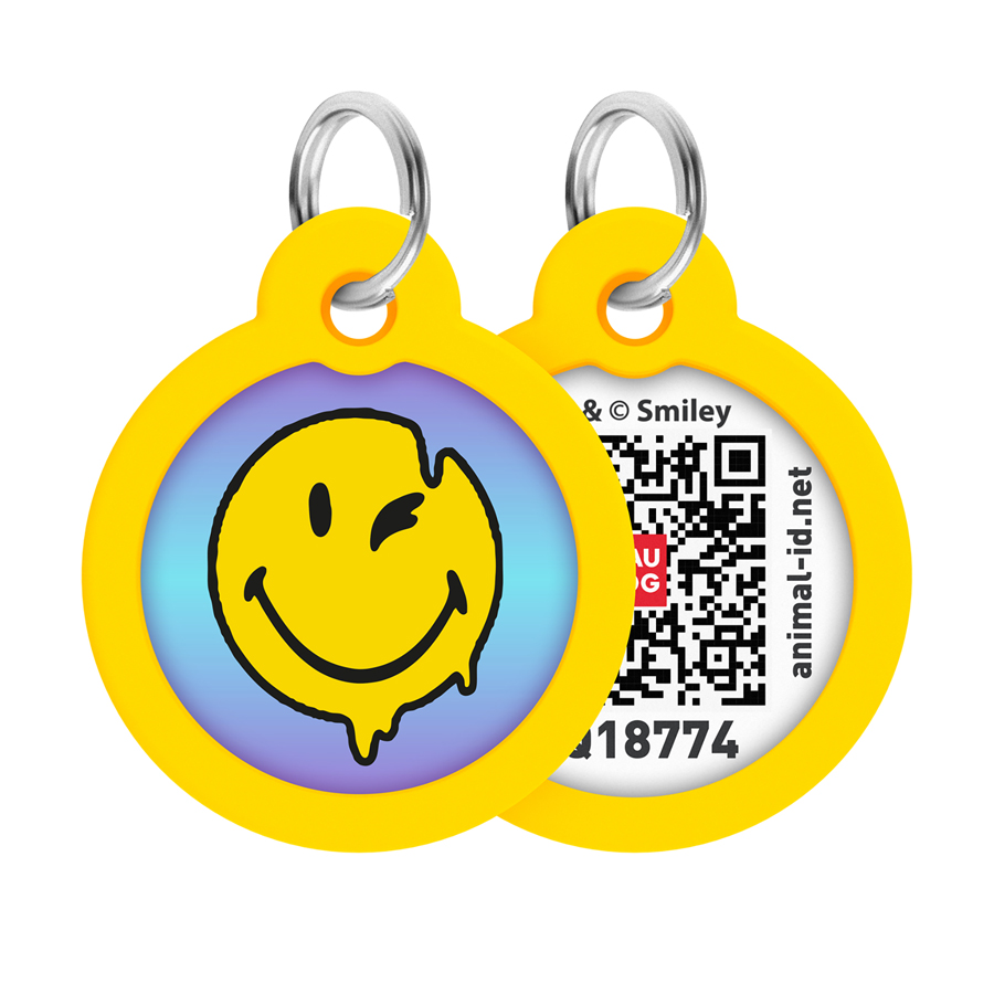 Адресник для собак і котів металевий WAUDOG Smart ID з QR паспортом, малюнок "Смайли на блакитному", коло, Д 30 мм