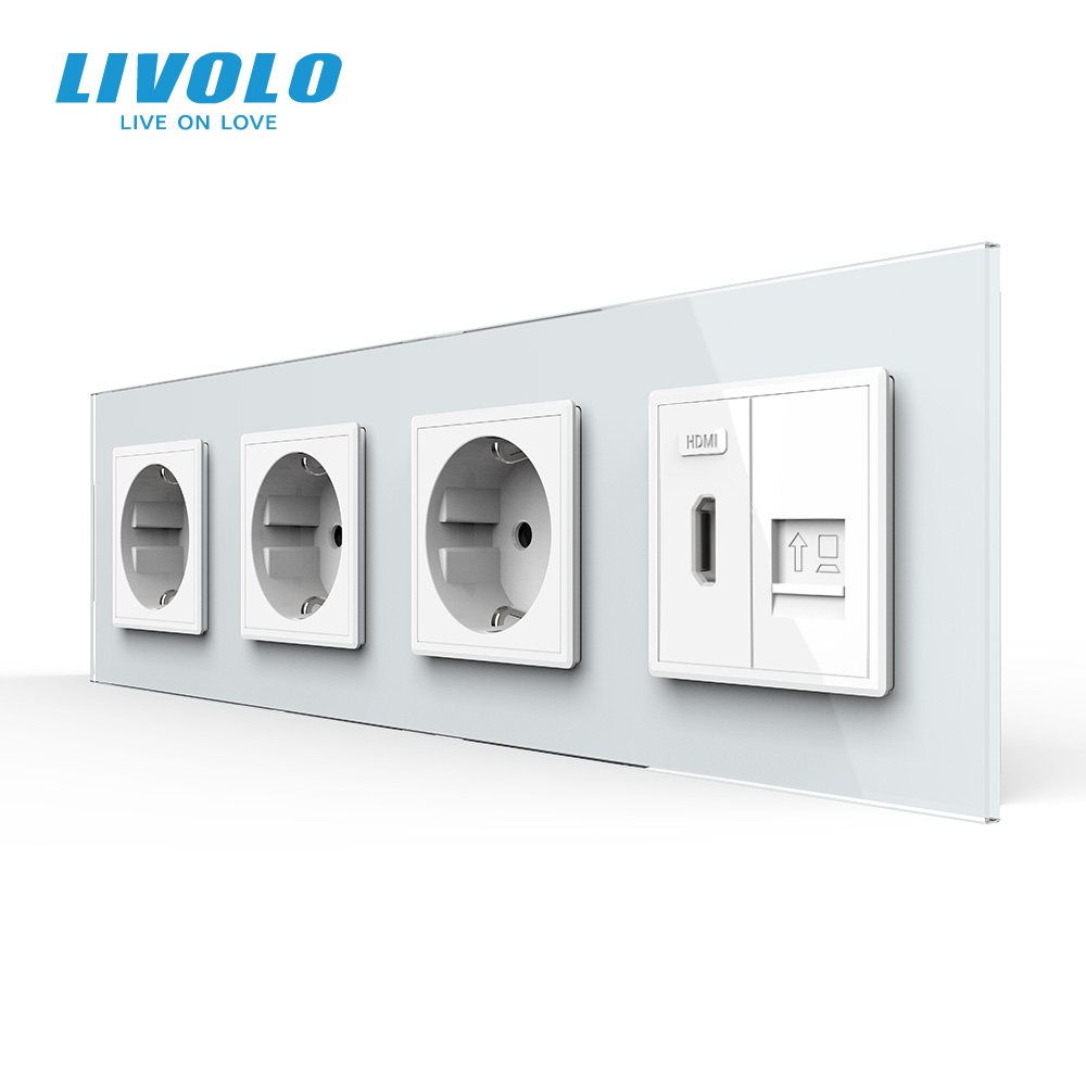 Розетка чотиримісна з HDMI і Інтернет RJ-45, LIVOLO біла, настінна, скляна рамка