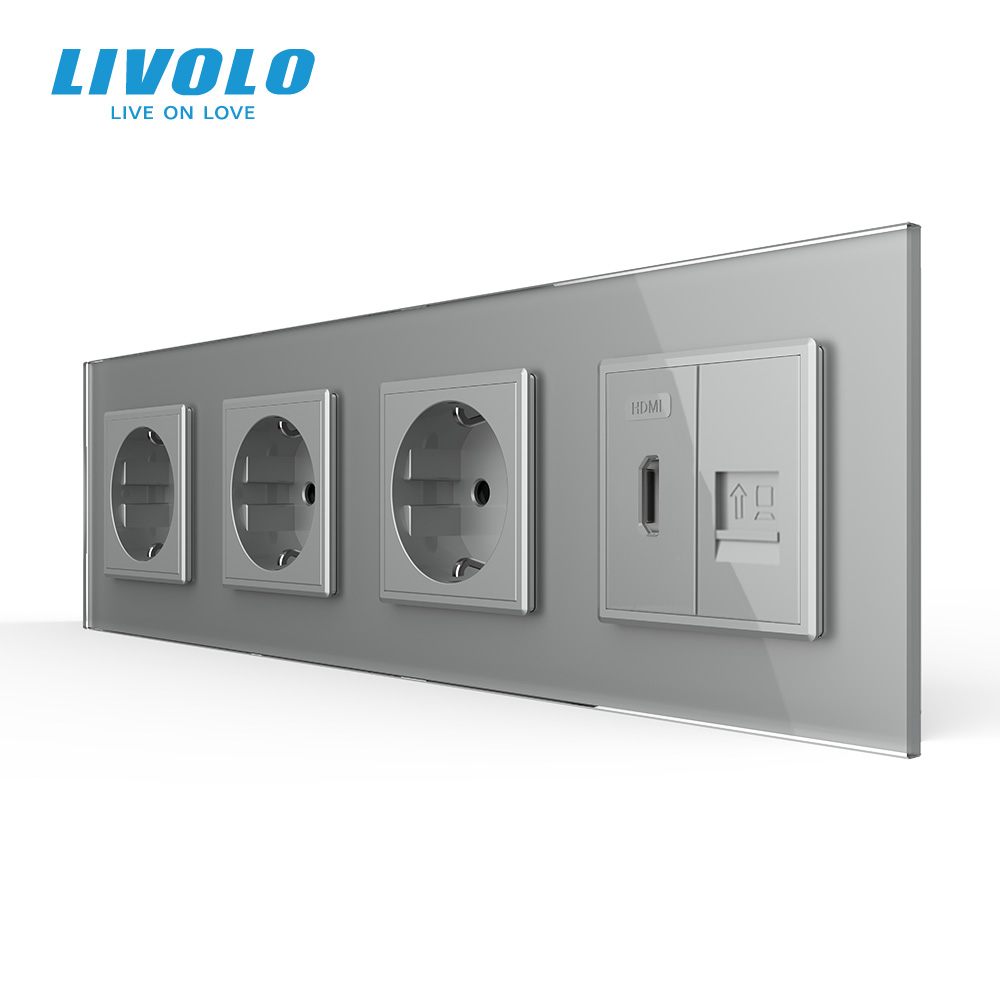 Розетка чотиримісна з HDMI і Інтернет RJ-45, LIVOLO сіра, настінна, скляна рамка