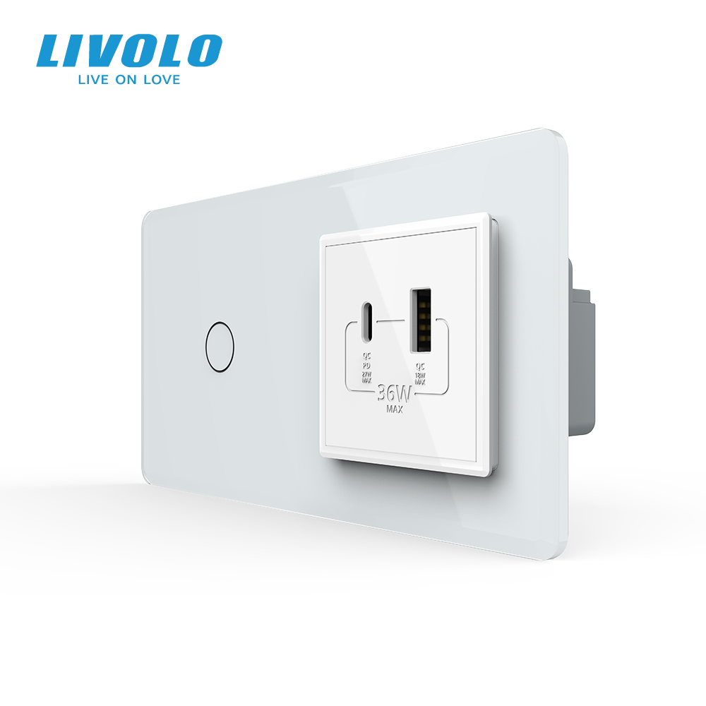 Сенсорний (дотиковий) вимикач LIVOLO з розеткою USB-A + USB-C 36Вт білий 2.5D скляна рамка