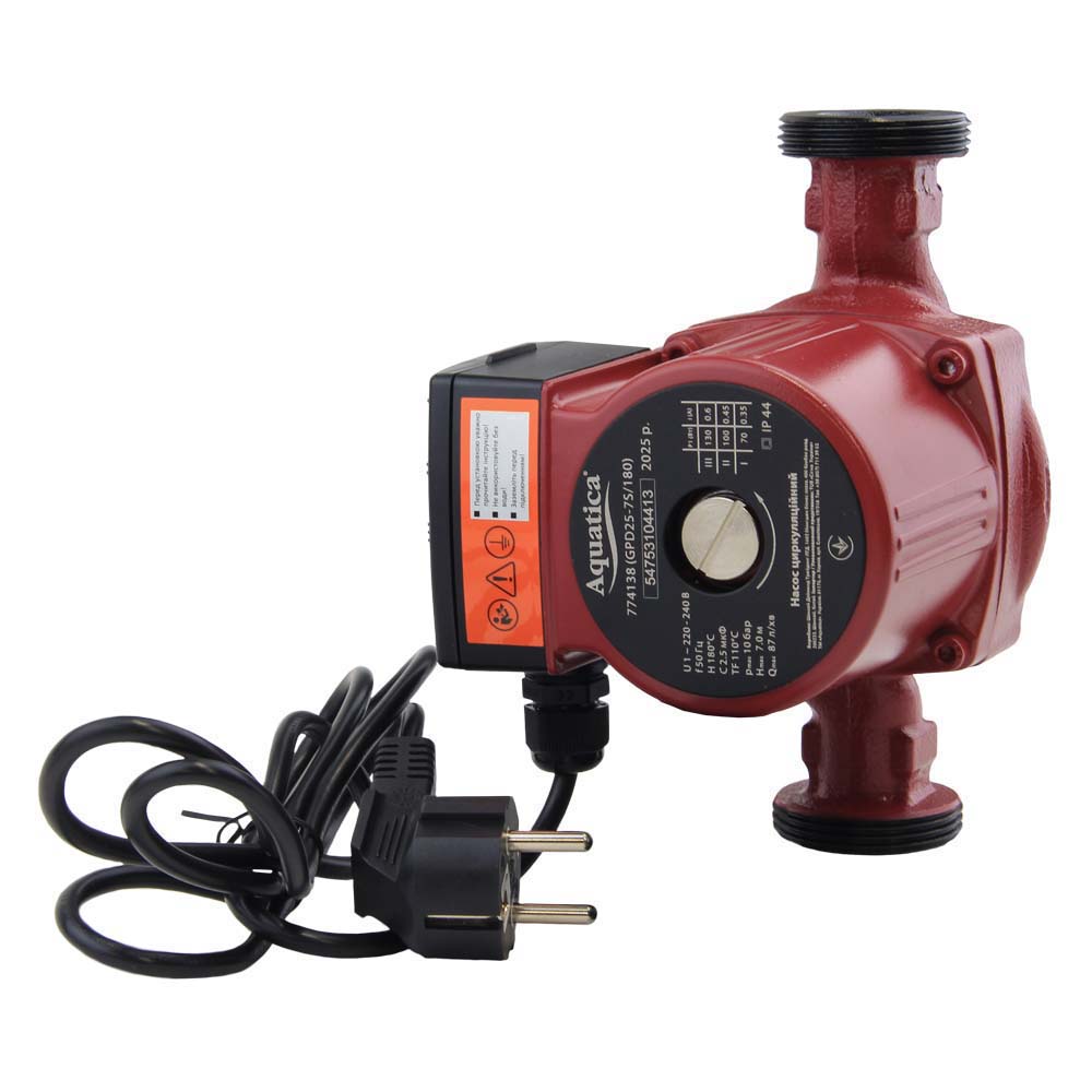 Насос циркуляционный 130Вт Hmax 7м Qmax 87л/мин Ø1½" 180мм + гайки Ø1" AQUATICA (774138)