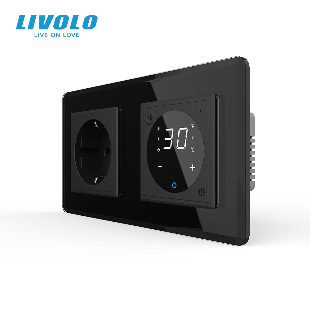 Комбінований терморегулятор (термостат) програмований для електричної теплої підлоги та розетка LIVOLO чорний, 2.5D скляна рамка