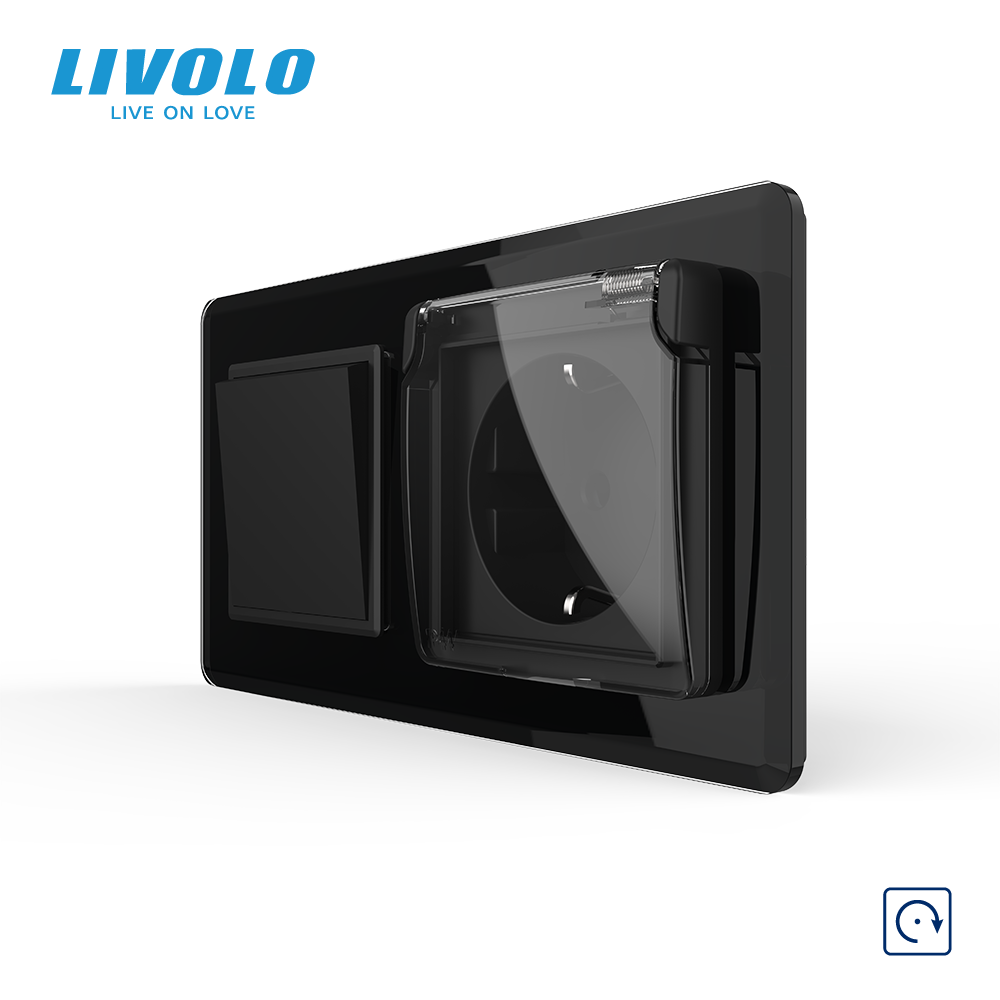 Вимикач без фіксації з розеткою кришка IP44 LIVOLO чорний 2.5D скло, 16А 230В, із заземленням, захисні шторки