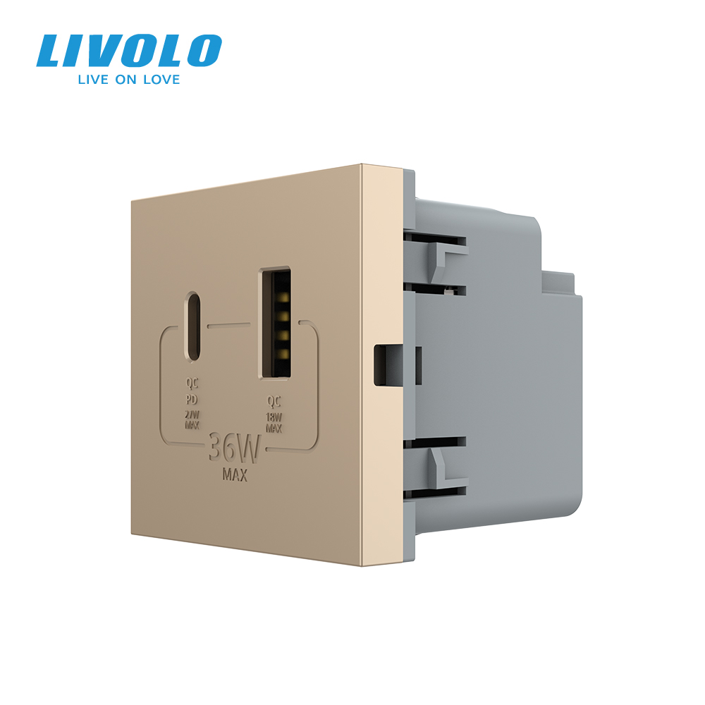 Розетка LIVOLO USB-A + USB-C PD 36Вт, золота, швидке заряджання, Power Delivery QC 3.0, модуль (VL-FCUA18W.UC18W-2AP)