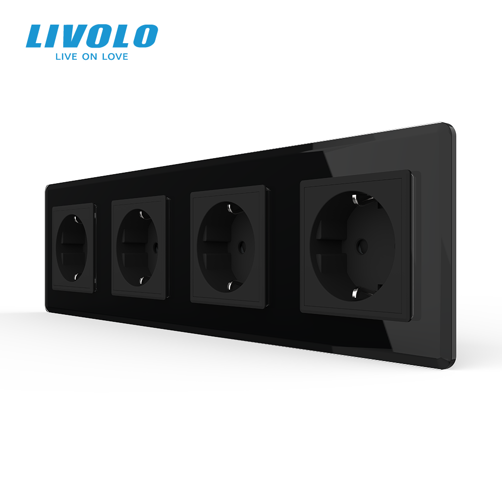 Чотиримісна електрична розетка з заземленням LIVOLO, чорна, скляна 2.5D рамка, шторки, 250В 16А