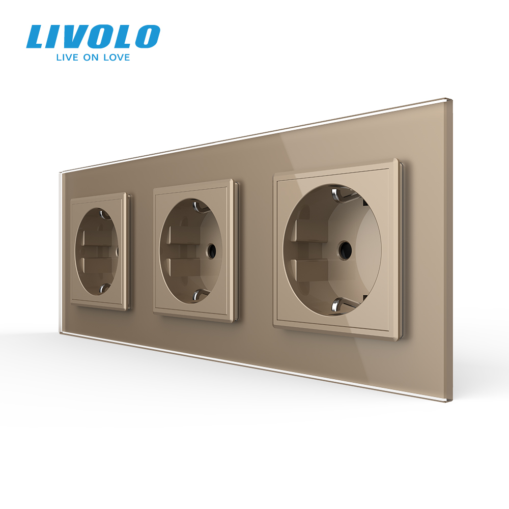 Потрійна електрична розетка з заземленням LIVOLO, золота, скляна рамка, шторки, 250В 16А (VL-C7C3EU-13)