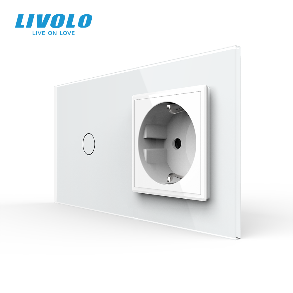 Сенсорний прохідний димер з розеткою LIVOLO 16А 230В із заземленням, шторки, білий, скло