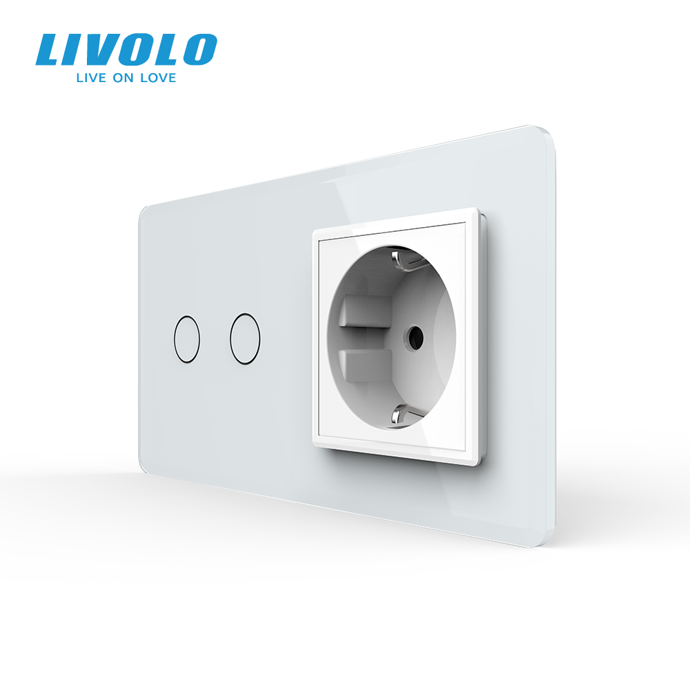 Сенсорний вимикач 2 сенсора 1 розетка LIVOLO білий 2.5D скло