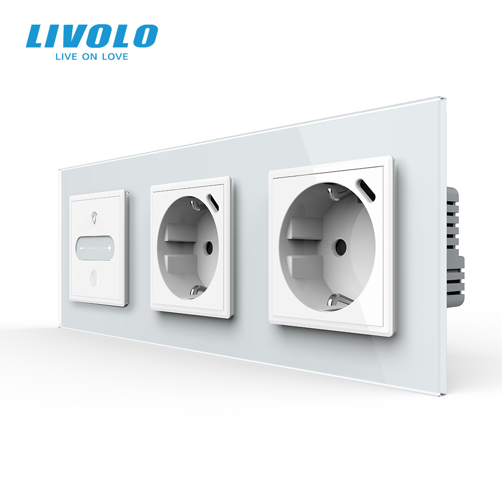 Розумний прохідний сенсорний димер LIVOLO з двома розетками з USB Type-C 18Вт, білий, скло, заземлення