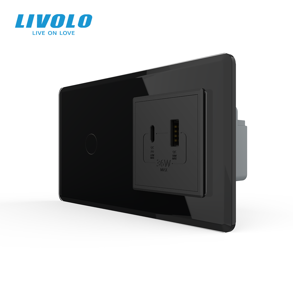Сенсорний (дотиковий) вимикач LIVOLO з розеткою USB-A + USB-C 36Вт чорний 2.5D скляна рамка