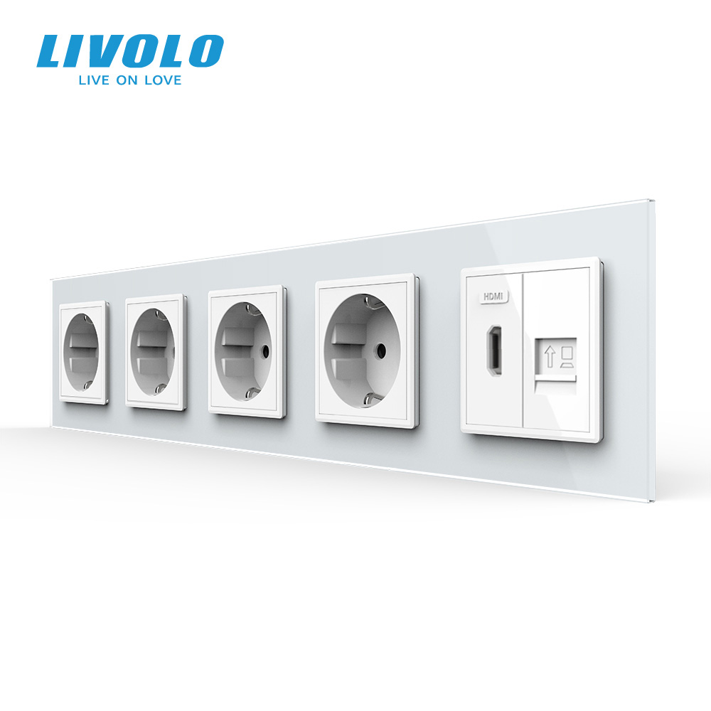 Розетка п’ятимісна з HDMI і Інтернет RJ-45, LIVOLO біла, настінна, скляна рамка