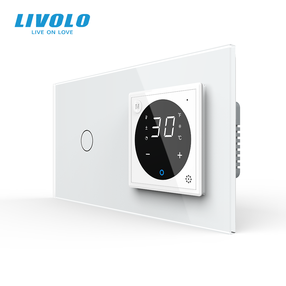 Терморегулятор програмований для теплої підлоги + сенсорний димер LIVOLO, білий, скляна рамка