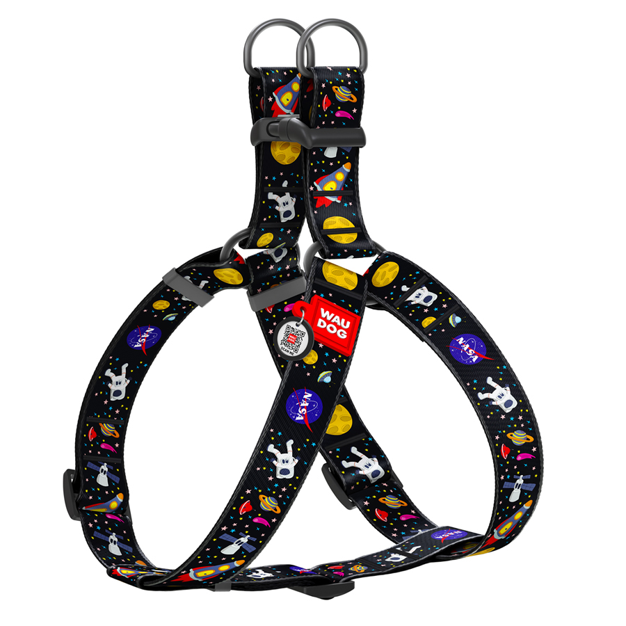 Шлея для собак WAUDOG Nylon з QR паспортом, малюнок "NASA", пластиковий фастекс, XL, Ш 35 мм, А=В 70-100 см