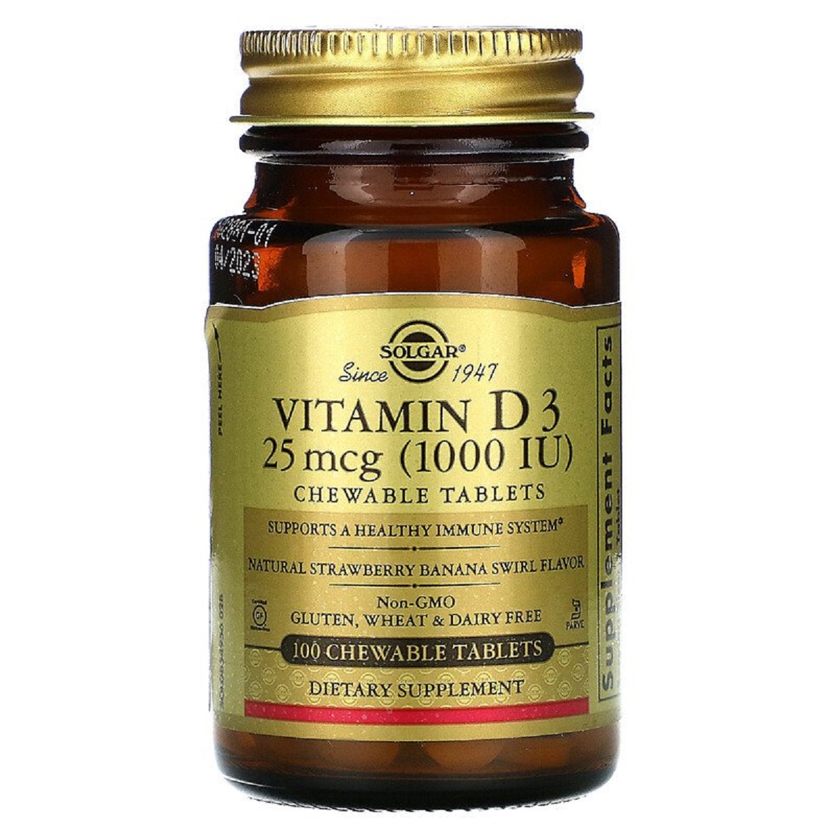 Вітамін D3,  Холекальциферол, Vitamin D3, Cholecalciferol, 25 мкг, 1000 МО, Solgar, 100 жувальних таблеток (полунично-банановий смак)