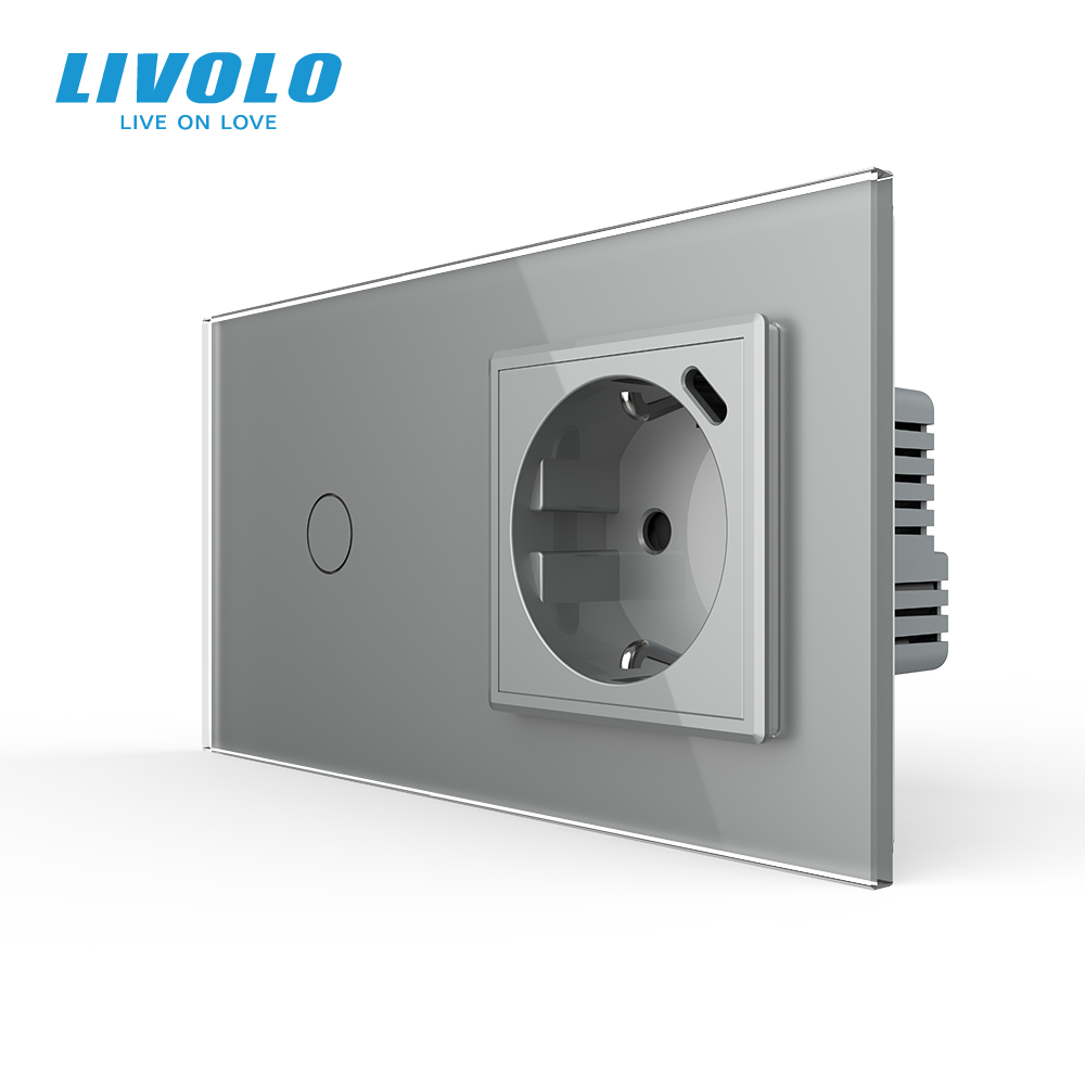 Розумний сенсорний вимикач LIVOLO з розеткою та USB Type-C 18Вт, сірий, скло, дотиковий, із заземленням,