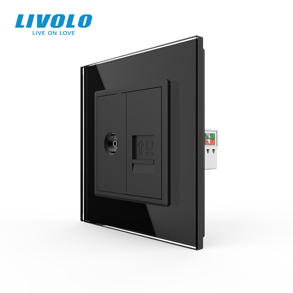Розетка комп'ютерна RJ-45 і ТБ розетка LIVOLO чорна 2.5D скло