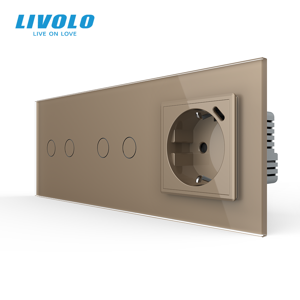 Сенсорний вимикач 4 сенсори (2-2) з розеткою з USB Type-C 18Вт, із заземленням, шторки, LIVOLO золото скло