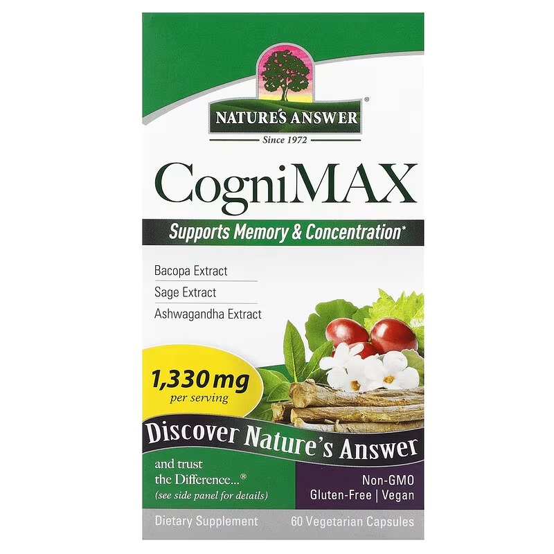 Когнітивний комплекс, підтримка пам'яті та мозку, CogniMax, Nature's Answer, 60 вегетаріанських капсул