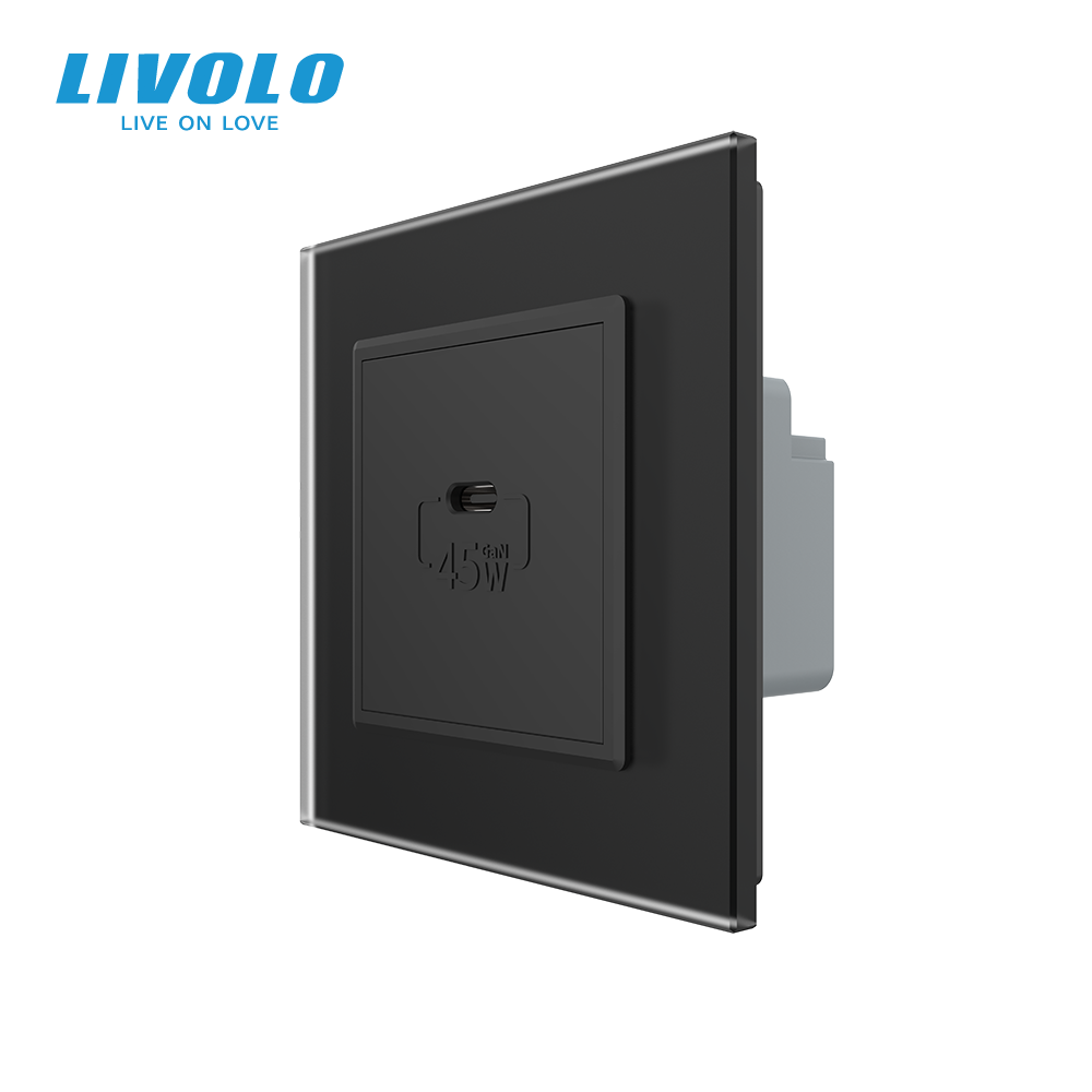 Розетка USB Type-C з Power Delivery 45W LIVOLO чорна матова скло