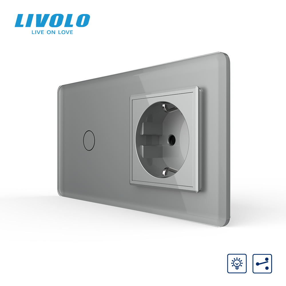 Сенсорний прохідний димер з розеткою LIVOLO 16А 230В із заземленням, шторки, сірий 2.5D, скло