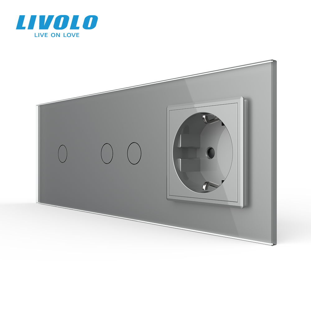 Сенсорний димер LIVOLO 3 сенсори (1-2) з розеткою, сірий, скло, 16A 230V, із заземленням, захисні шторки